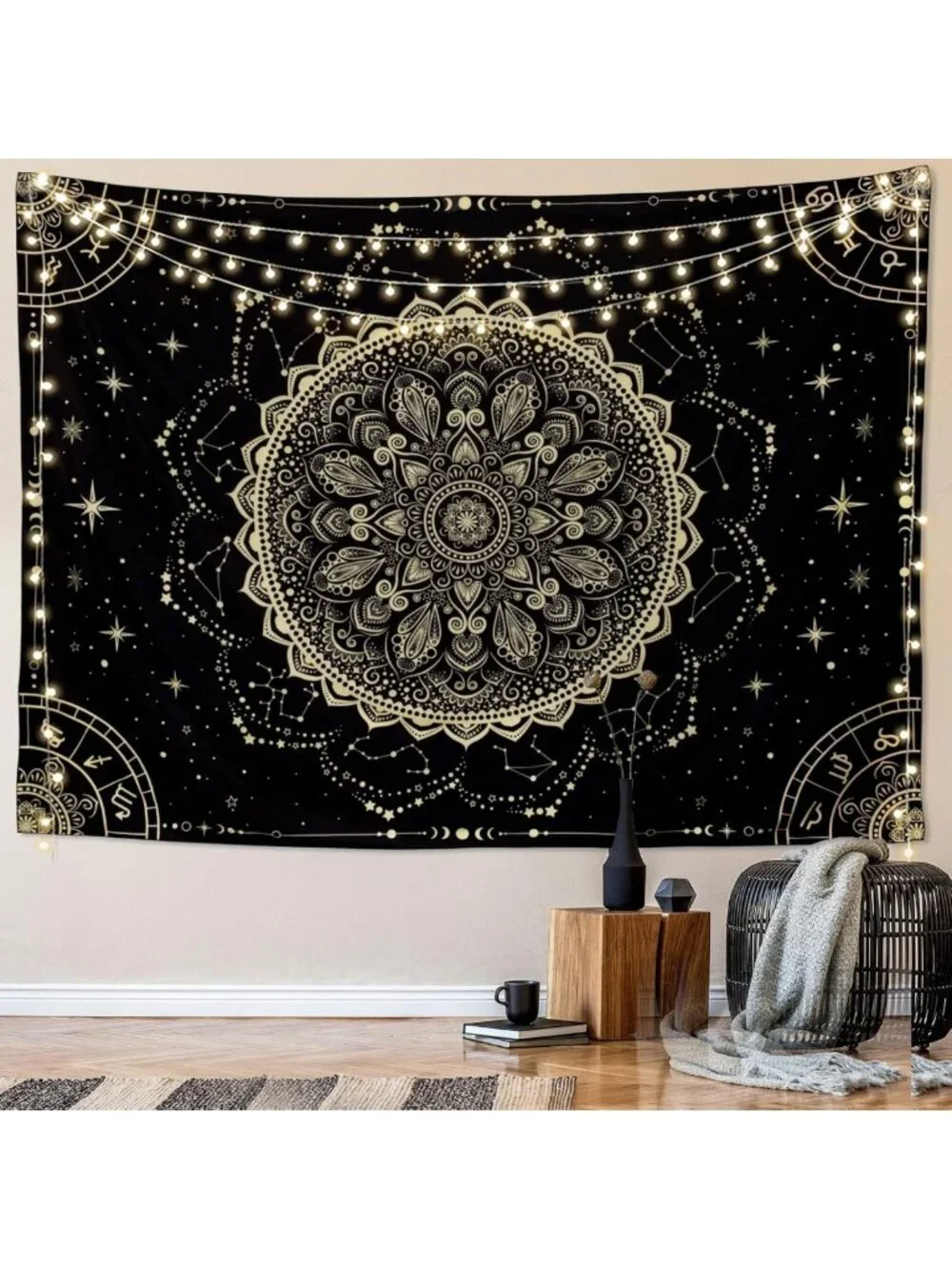 Large Black Gold Mandala Tapestry - Bohemian Astrology Wall Art for Home Decor